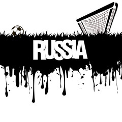 Grunge banner from splashes of watercolor ink and blots. Word russia with a soccer ball and gate