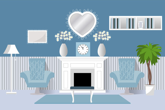 The interior of the room. Vector. Living room design living room. Cartoon background in flat design with fireplace and two armchairs.