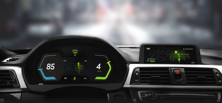 Modern sports car dashboard with navigation display - 3D illustration (3D rendering)