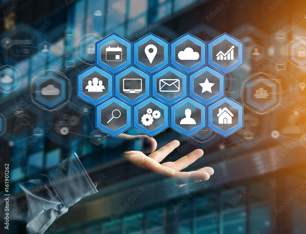 Poster application center displayed on a futuristic interface with technology icon - worldwide business con