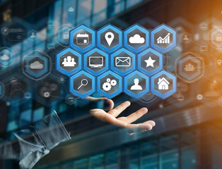 Application center displayed on a futuristic interface with technology icon - Worldwide business...