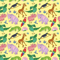 Cute African animals. Seamless pattern. Illustration for children. Cute and funny cartoon characters