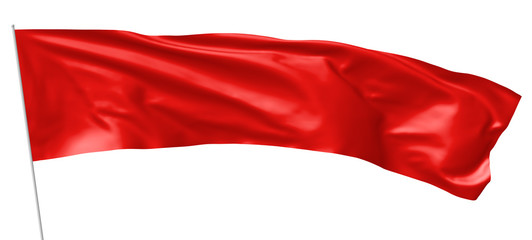 Long red flag on flagpole flying in wind