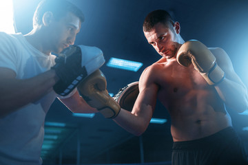 Boxer in gloves exercises with personal trainer