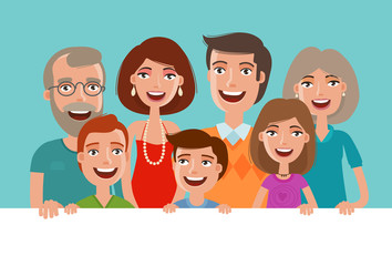 Happy cheerful family, banner. People, children and parents concept. Cartoon vector illustration