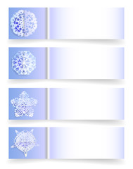 Fototapeta na wymiar Design template with four paper christmas banners with folded snowflakes. Blue and white winter banners with stylized snowflakes