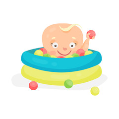 Cute cartoon baby playing in a pool with colorful balls, colorful character vector Illustration