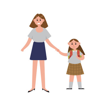 Mother Taking Her Daughter To School Cartoon Characters, Happy Mom With Her Child Vector Illustration