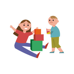 Fototapeta premium Happy children playing building blocks cartoon characters, brother and sister play together vector Illustration