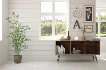 White room with shelf and green landscape in window. Scandinavian interior design. 3D illustration