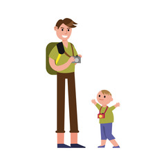 Father travelling with his son cartoon characters, summer vacations vector Illustration