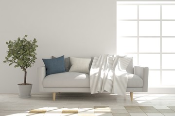Inspiration of white room with sofa. Scandinavian interior design. 3D illustration