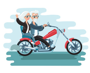 Obraz na płótnie Canvas Cartoon vector illustration of elderly couple on motorbike. 