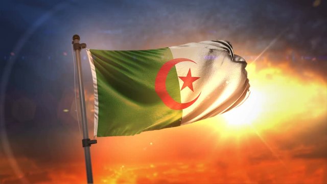 Algeria Flag Backlit At Beautiful Sunrise Loop Slow Motion 4K