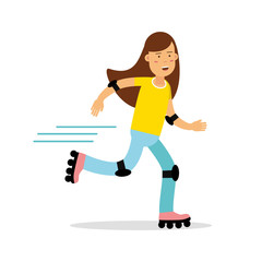 Fototapeta na wymiar Active girl roller skating cartoon character, kids physical activities vector Illustration