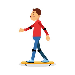 Young boy skateboarding cartoon character, kids physical activities vector Illustration