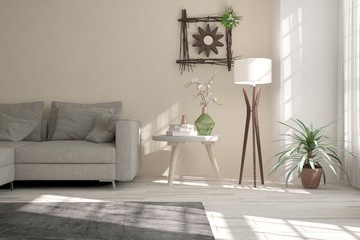 White room with sofa and lamp. Scandinavian interior design. 3D illustration