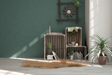 Inspiration of white modern room with shelf. Scandinavian interior design. 3D illustration