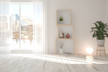 White empty room with shelf and urban landscape in window. Scandinavian interior design. 3D illustration