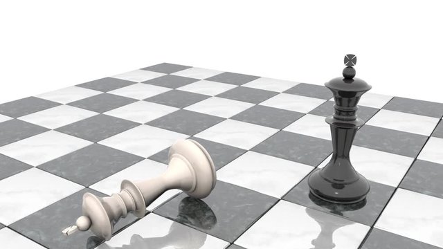 3d animation: Two chess figures on the playing field. Black king is a winner and a loser white lies prostrate at his feet. Falling. Marble Board game. Business strategy. Education