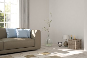 White minimalist room with sofa and vase. Scandinavian interior design. 3D illustration