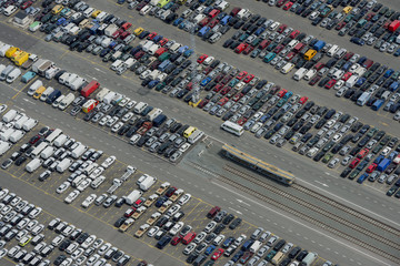 Aerial image of cars for importation exportation at Antwerp Euro Terminal