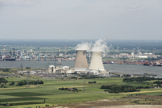 Aerial image of nuclear power plant of Doel at the Scheldt river