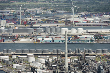 Aerial image of Total Olefins Antwerp and Esso Belgium Oil refineries at the Port of Antwerp