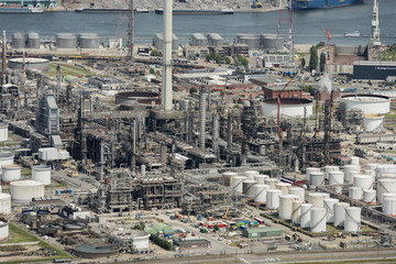Aerial image of Total Olefins Antwerp and Esso Belgium Oil refineries at the Port of Antwerp