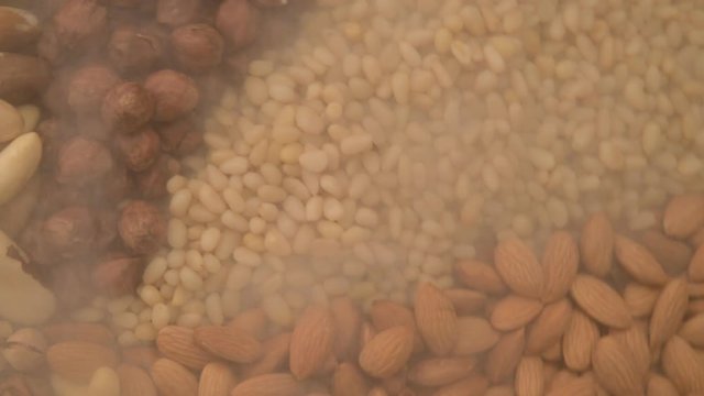 Nuts mix in a canvas bag in table.