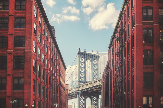Color toned picture of Manhattan Bridge seen from Dumbo, New York City, USA.