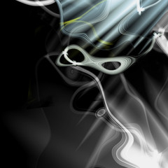 Abstract dark background with rays and infinity symbol. Black, gray and white glowing layered background resembling smoke