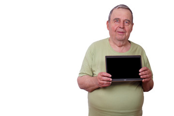Portrait of senior elderly satisfied smiling man with tablet, isolated