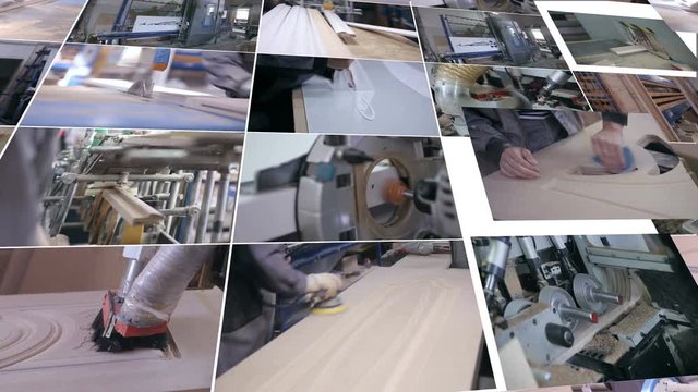 Wood processing factory. Multiscreen montage. 4K.