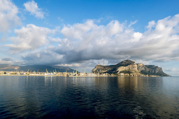 A view of the port and mount Pellegrino and the city of Palermo from the sea. Sicily