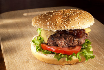 hamburger on a cutting board