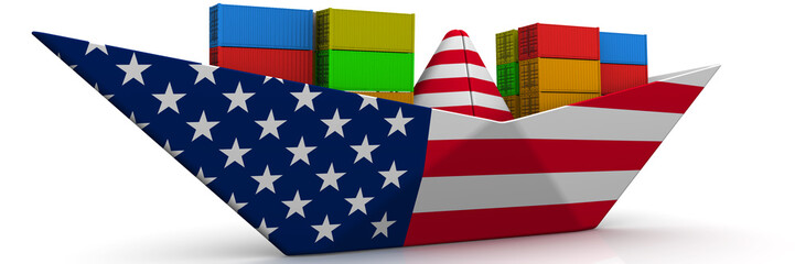 Paper boat from the USA flag with shipping containers