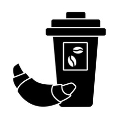 Glass of coffee with a croissant, black and white silhouette, vector illustration