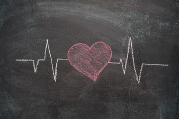 Heartbeat character and design drawn with chalk on blackboard