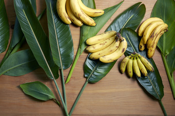 Four bunches of bananas on leaves