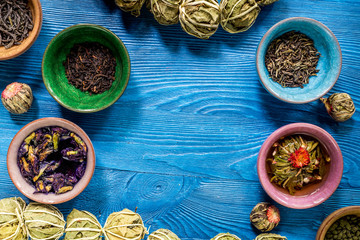 herbal and green tea for tea-house blue wooden desk background flat lay mockup
