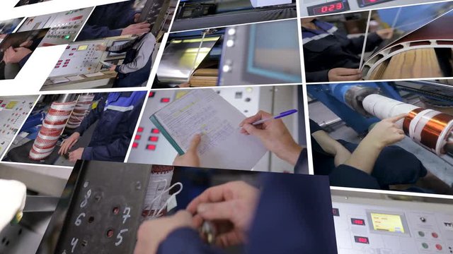 Industrial high-voltage power transformer production. Split- screen collage. 4K.