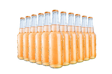Close Up of several  bottles. Orange bottles necks over a white background.
