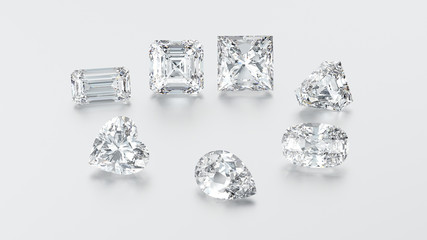 3D illustration closeup group of seven different diamonds