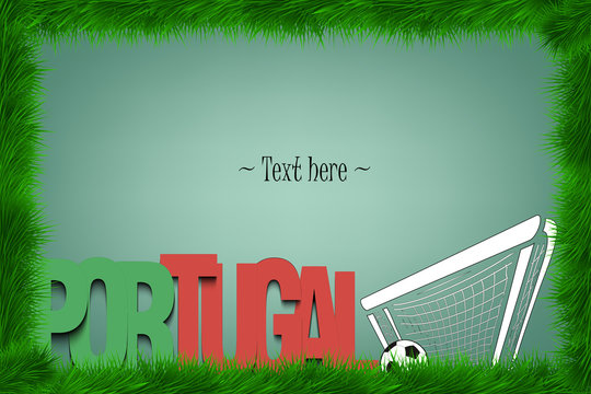 A frame of grass with the word Portugal and a soccer ball at the gate