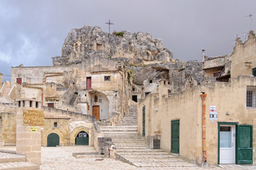 The Church of Madonna de Idris is in the upper part of Monterrone on a large limestone cliff  - Matera, Basilicata, Italy