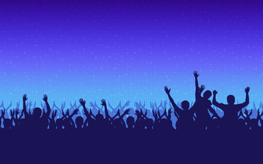 Fototapeta premium silhouette of people raise hand up in concert with digital dot pattern on blue color background