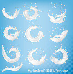 Obraz na płótnie Canvas Splash of milk on transparent background. Vector set