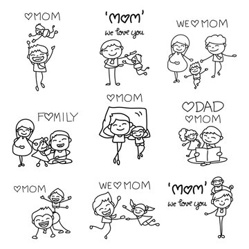 set of hand drawing cartoon character concept happy mothers day