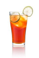glass of ice tea with lemon on white background